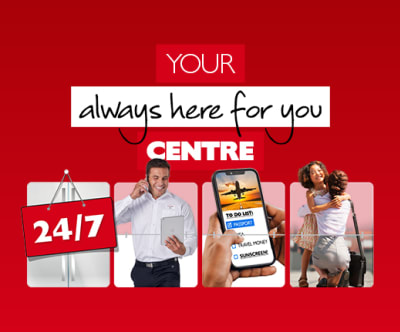 Your always here for you centre. Icons showing satisfied customers, 24/7 support, and great deals
