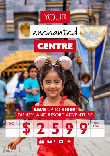 Your enchanted centre - Save up to $1,059* Disneyland Resort Adventure from $2,599* for two. Girl in red dress smiling running, with Disneyland castle in the backgrounnd