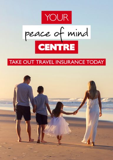 your peace of mind centre - take out travel insurance today - family of four walking down the beach at sunset