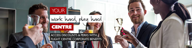 Your work hard, play hard centre. Access discounts & perks with Flight Centre Corporate Benefits. Businesspeople drinking and celebrating