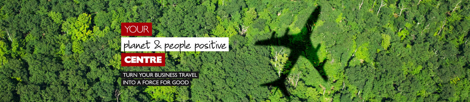 Your planet & people positive centre - turn your business travel into a force for good. Shadow of a plane flying over a lush forest