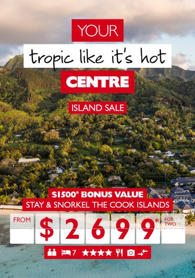 Your tropic like it's hot centre - island sale. $1,500* bonus value. Stay & snorkel the Cook Islands from $2,699* for two. Island with lush trees and scattered houses at sunset
