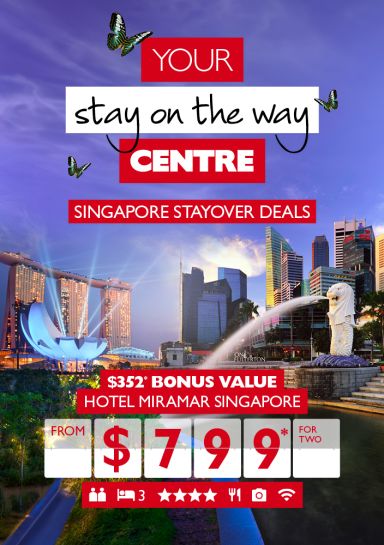 Your stay on the way centre - Singapore Stayover deals. $352* bonus value Hotel Miramar Singapore from $799* for two. Stylized shot of Singapore