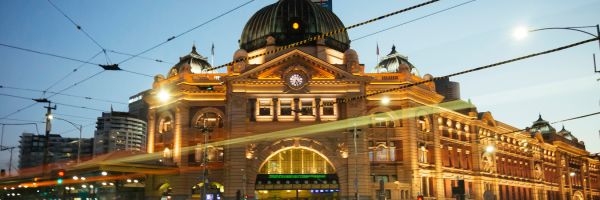Flinders Street Railway Station in Melbourne in the early evening