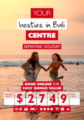 Your besties in Bali centre - Seminyak Holiday. Book online for $890* bonus value. Return from $2,749* for two. Female couple laughing on a beach at sunset