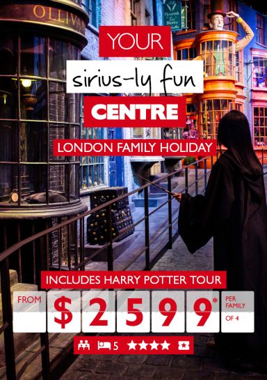 Your sirius-ly fun centre - London family holiday. Includes Harry Potter tour from $2,599* per family of 4. Cosplayer walking down Diagon Alley
