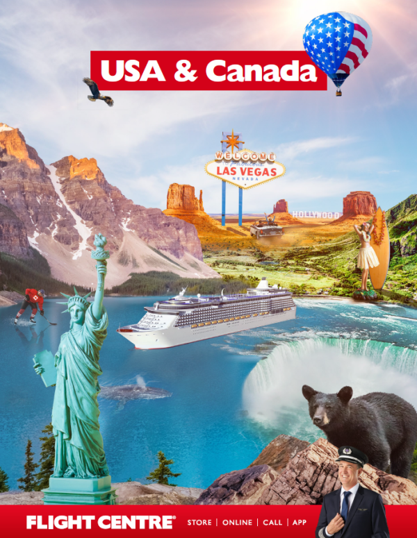 USA& Canada - Iconic American and Canadian landmarks grouped together; the Statue of Liberty, the Las Vegas sign, Niagra falls, the Rocky Mountains, the Hollywood sign, Route 66, an Ice-Hockey player, and a black bear